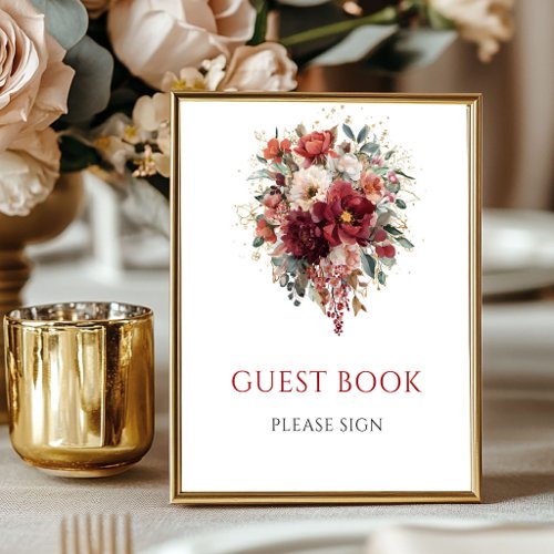 Burgundy Boho Fall Flowers Guest Book Tabletop