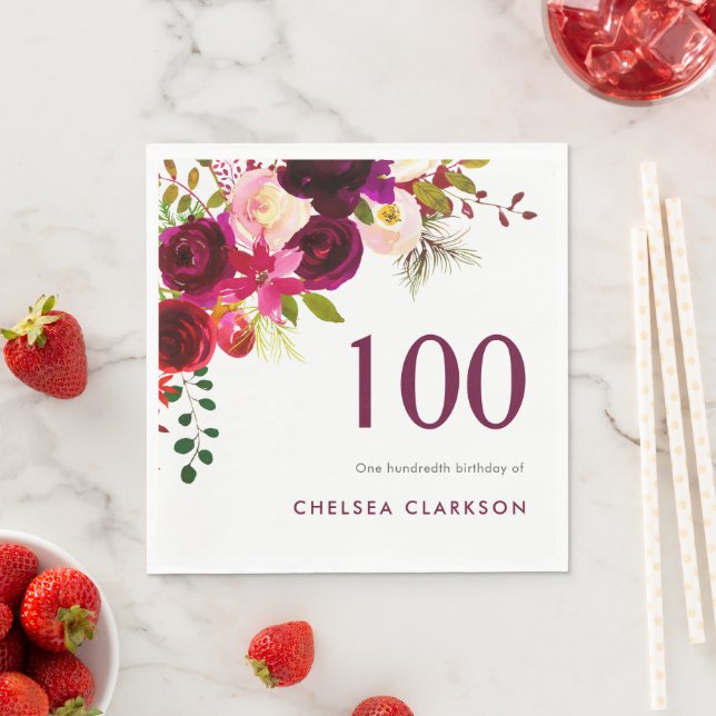 Burgundy Boho Floral 100th Birthday Celebration Napkins (Insitu)