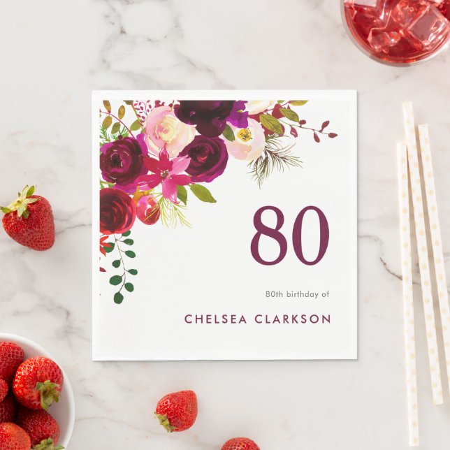 Burgundy Boho Floral 80th Birthday Celebration Napkins (Insitu)