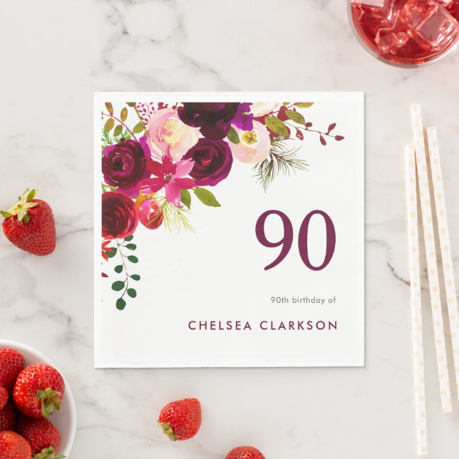 Burgundy Boho Floral 90th Birthday Celebration Napkins (Insitu)