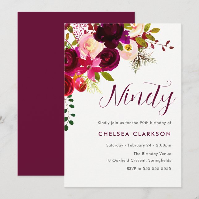 Burgundy Boho Floral 90th Ninetieth Birthday Party Invitation (Front/Back)