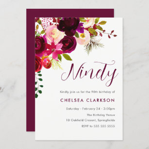Burgundy Boho Floral 90th Ninetieth Birthday Party Invitation