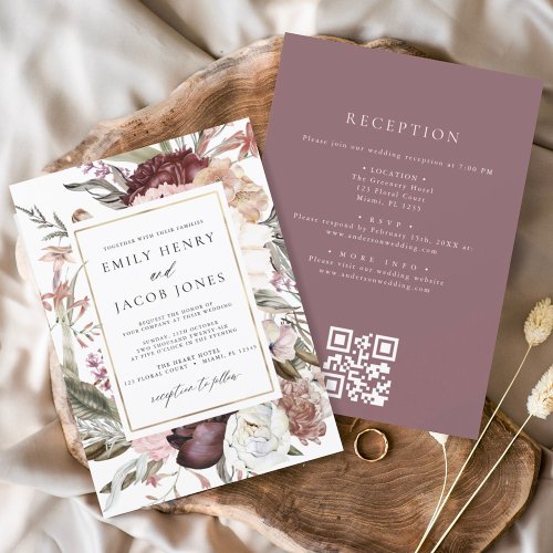 Burgundy Boho Floral All in One QR Code Wedding Invitation