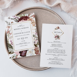 Burgundy Boho Floral All In One Wedding Invitation