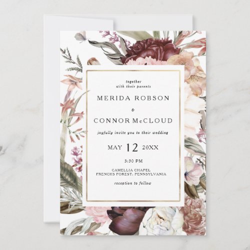 Burgundy Boho Floral All In One Wedding Invitation