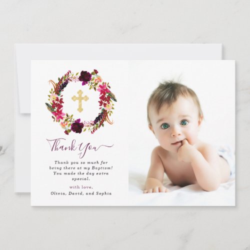 Burgundy Boho Floral and Gold Cross Baptism Photo Thank You Card