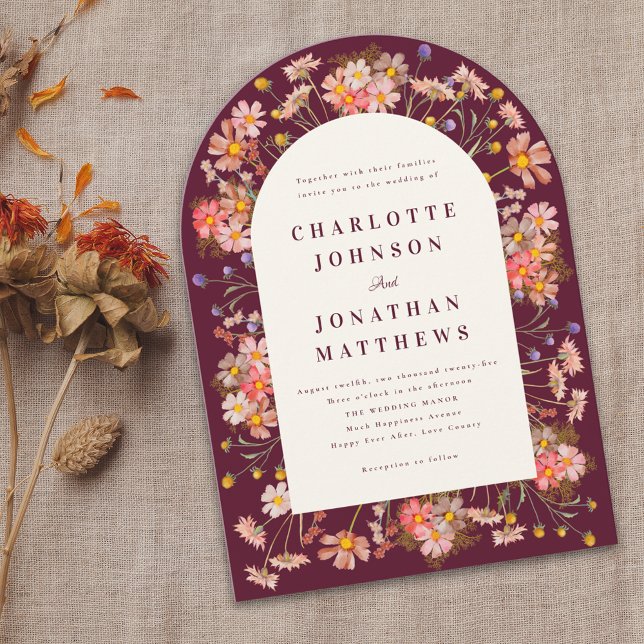 Burgundy Boho Floral Arch Fall Wedding Invitation (Burgundy boho rustic floral arch fall wedding invitation Elegant modern typography watercolor flower)