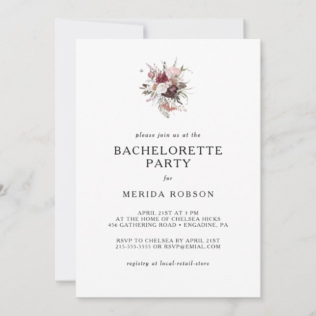 Burgundy Boho Floral Bachelorette Party Invitation (Front)