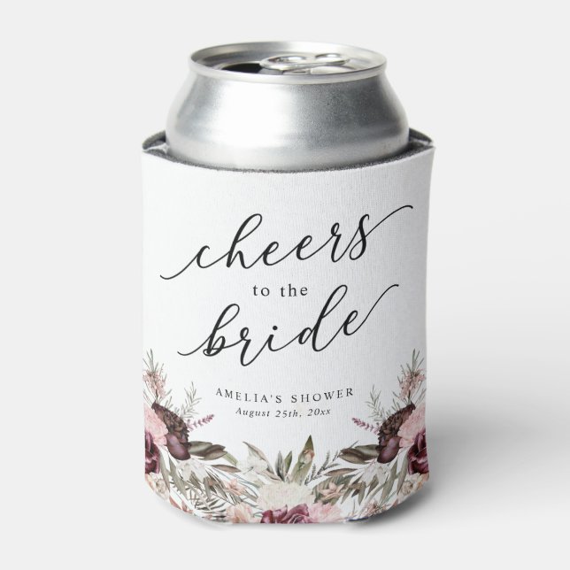 Burgundy Boho Floral Bridal Shower Can Cooler (Can Front)