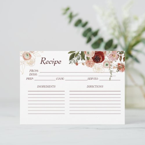 Burgundy Boho Floral Bridal Shower Recipe Card