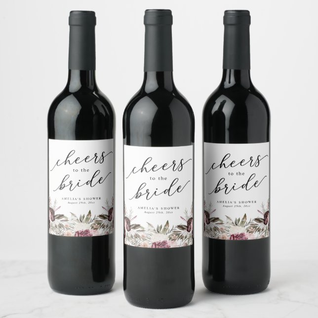 Burgundy Boho Floral Bridal Shower Wine Label (Bottles)