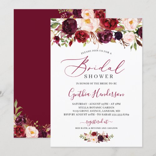 Burgundy Boho Floral Calligraphy Bridal Shower Invitation