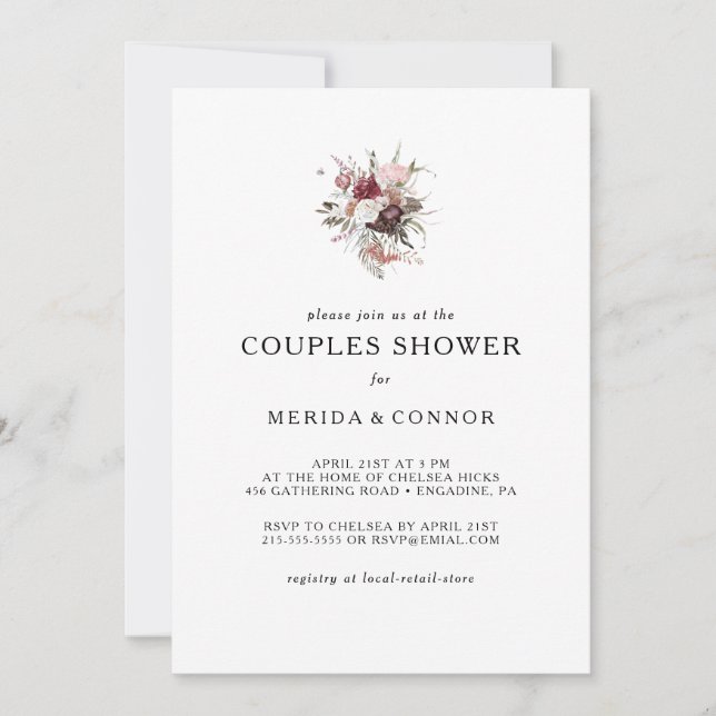 Burgundy Boho Floral Couples Shower Invitation (Front)