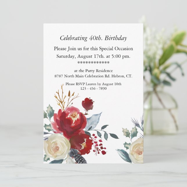 Burgundy Boho Floral, Customizable,40th Birthday Invitation (Standing Front)