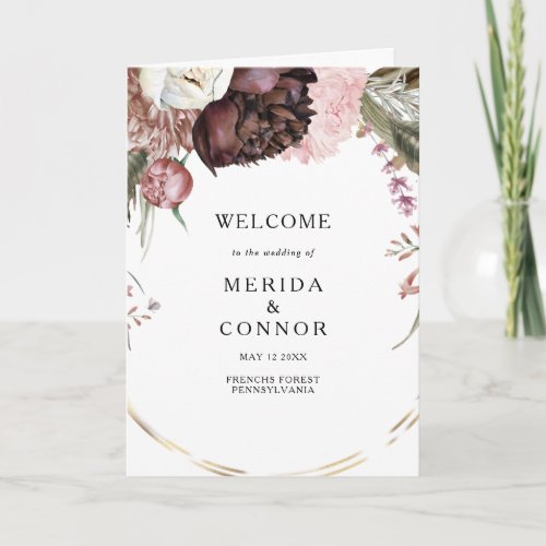 Burgundy Boho Floral Folded Wedding Program