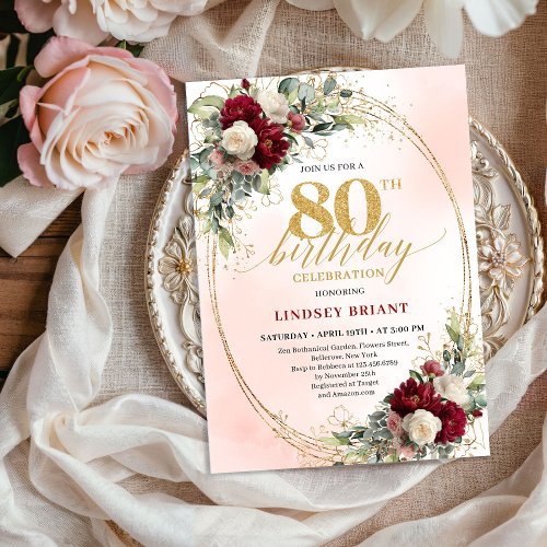Burgundy Boho Floral Gold Frame 80th Birthday 