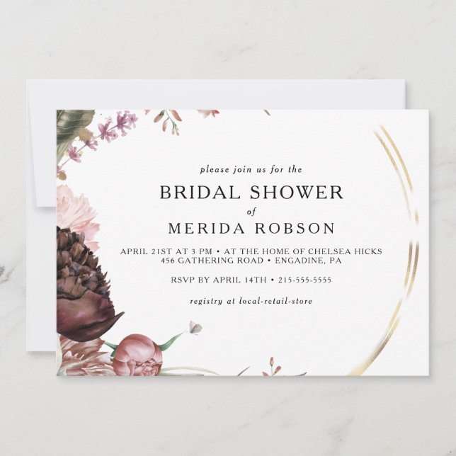 Burgundy Boho Floral Horizontal Bridal Shower Invitation (Front)