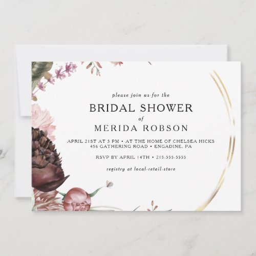 Burgundy Boho Floral Horizontal Bridal Shower Invitation