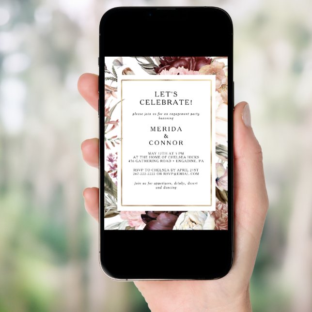 Burgundy Boho Floral Let's Celebrate Invitation (Front Digital)