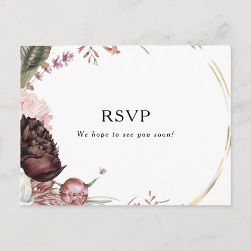 Burgundy Boho Floral Menu Choice RSVP postcard