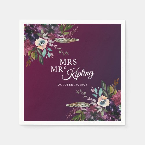 Burgundy Boho Floral Mr  Mrs Wedding Paper Napkins