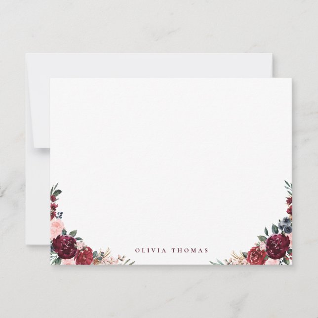 Burgundy boho floral personalized Stationery Note Card (Front)