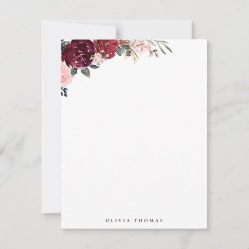 Burgundy boho floral personalized Stationery Note Card