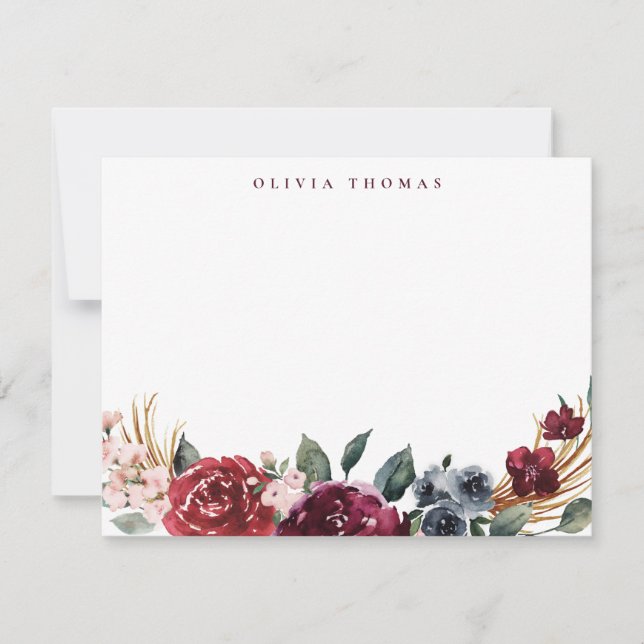 Burgundy boho floral personalized Stationery Note Card (Front)
