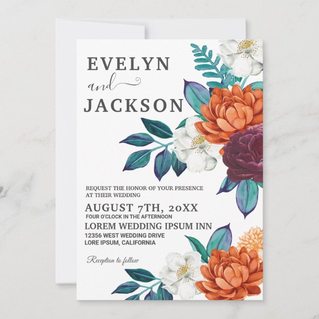 Burgundy Boho Floral Photo Fall Wedding  Invitation (Front)