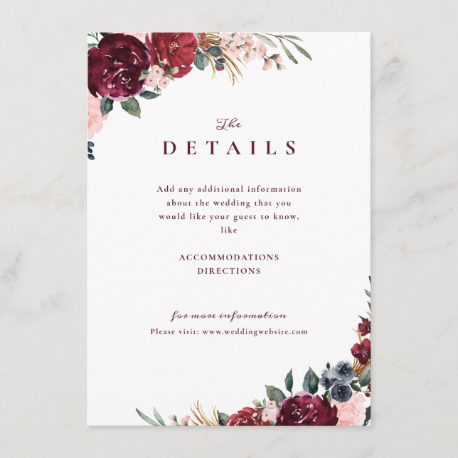 Burgundy boho floral rustic wedding details enclosure card (Front)