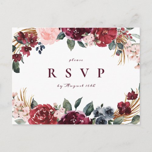 Burgundy boho floral rustic wedding RSVP Invitation Postcard