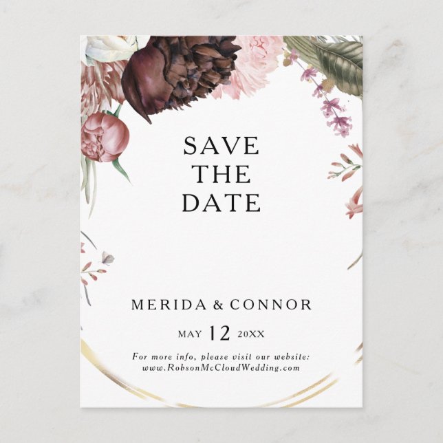 Burgundy Boho Floral Save The Date Postcard (Front)