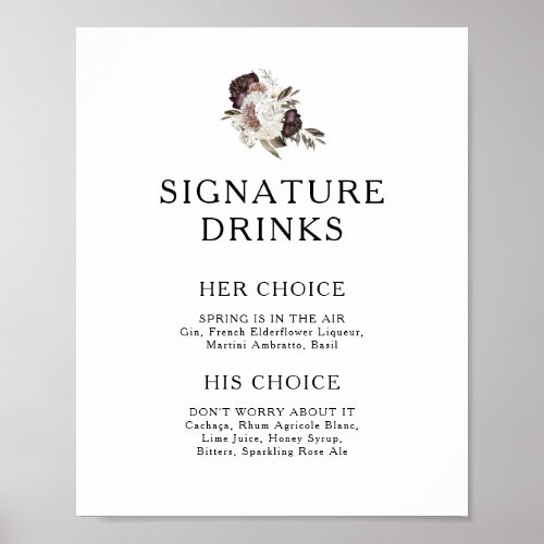 Burgundy Boho Floral Signature Drinks Sign