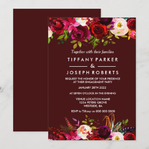 Burgundy Boho Floral Spring Engagement Party Invitation