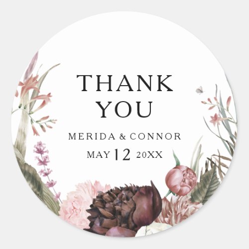 Burgundy Boho Floral Thank You Wedding Favor Classic Round Sticker