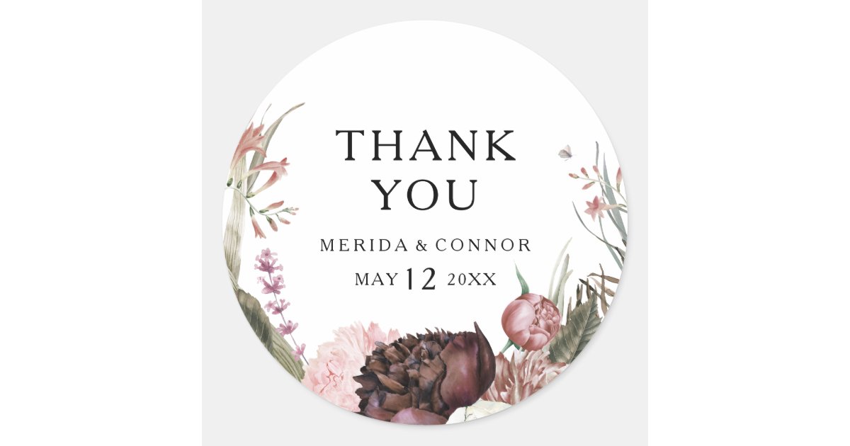 Burgundy Boho Floral Thank You Wedding Favor Classic Round Sticker | Zazzle