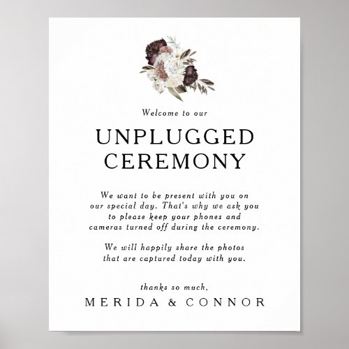 Burgundy Boho Floral Unplugged Ceremony Sign