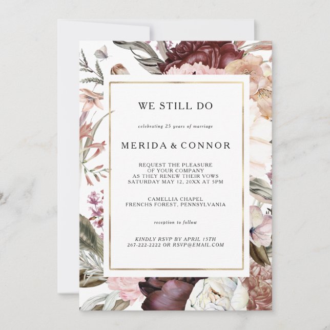 Burgundy Boho Floral We Still Do Vow Renewal Invit Invitation (Front)