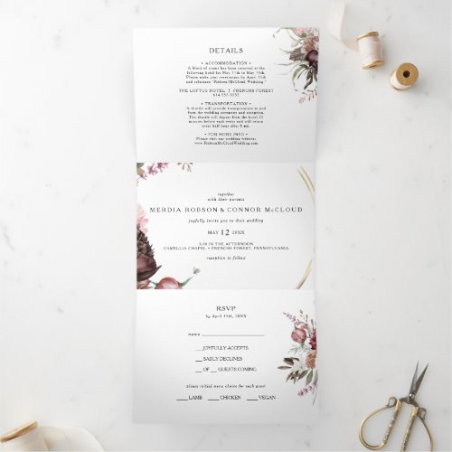 Burgundy Boho Floral Wedding All In One Tri_fold