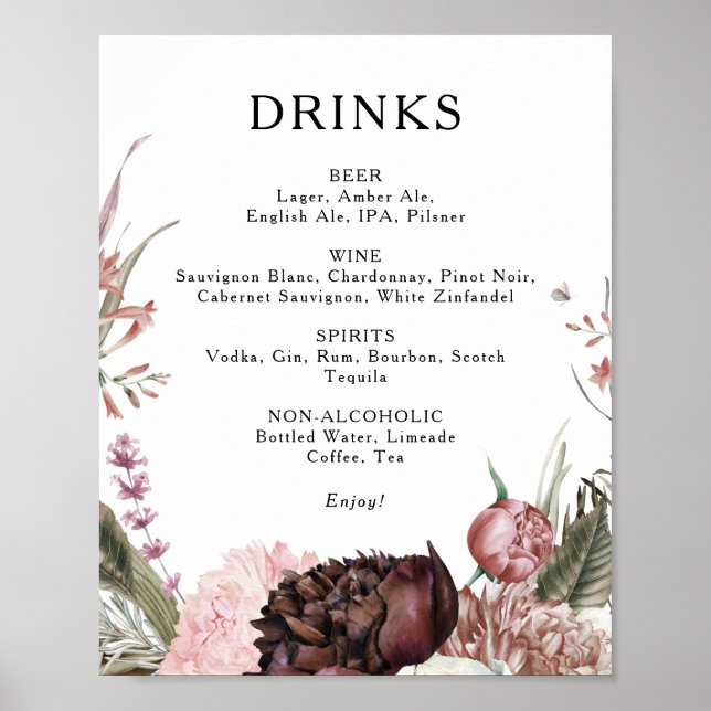 Burgundy Boho Floral Wedding Drinks Menu Sign (Front)