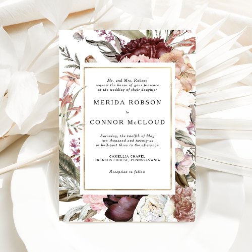 Burgundy Boho Floral Wedding Invitation