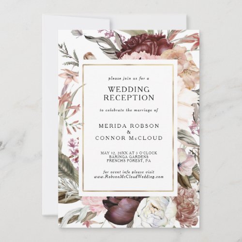 Burgundy Boho Floral Wedding Reception Invitation