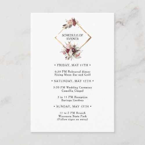 Burgundy Boho Floral Wedding Schedule of Events Enclosure Card