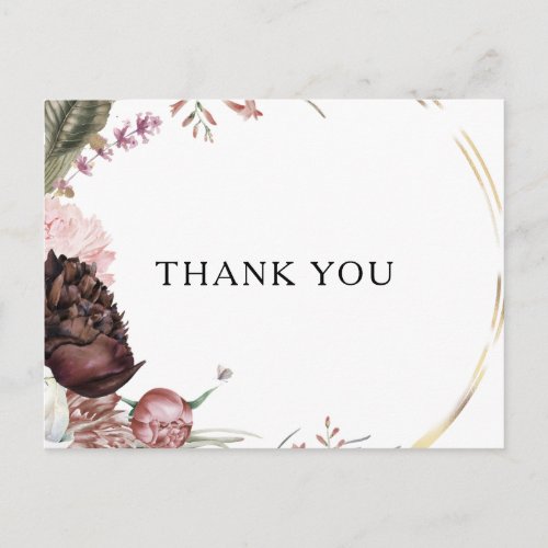 Burgundy Boho Floral Wedding Thank You Postcard