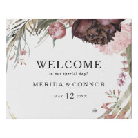 Burgundy Boho Floral Welcome Faux Canvas Print