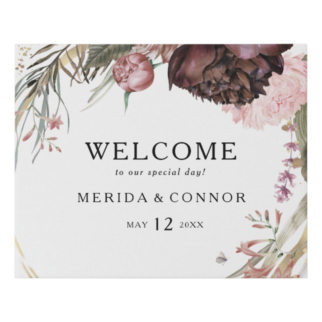 Burgundy Boho Floral Welcome Faux Canvas Print (Front)