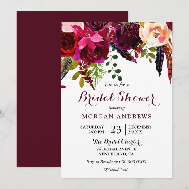 Burgundy Boho Flowers Bridal Shower Invitation (Front/Back)
