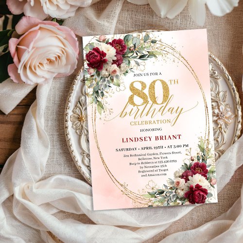 Burgundy Boho Garden Floral 80th Birthday Invite