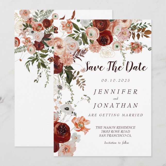 Burgundy Boho Gold Floral  Save the Dates Invitation (Front/Back)