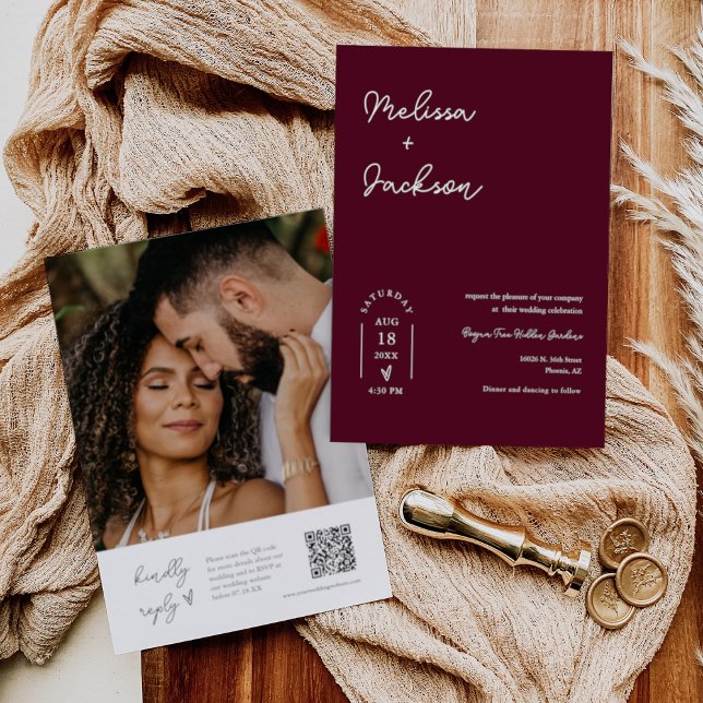 Burgundy Boho Minimalist Wedding QR Code Photo Invitation (Creator Uploaded)